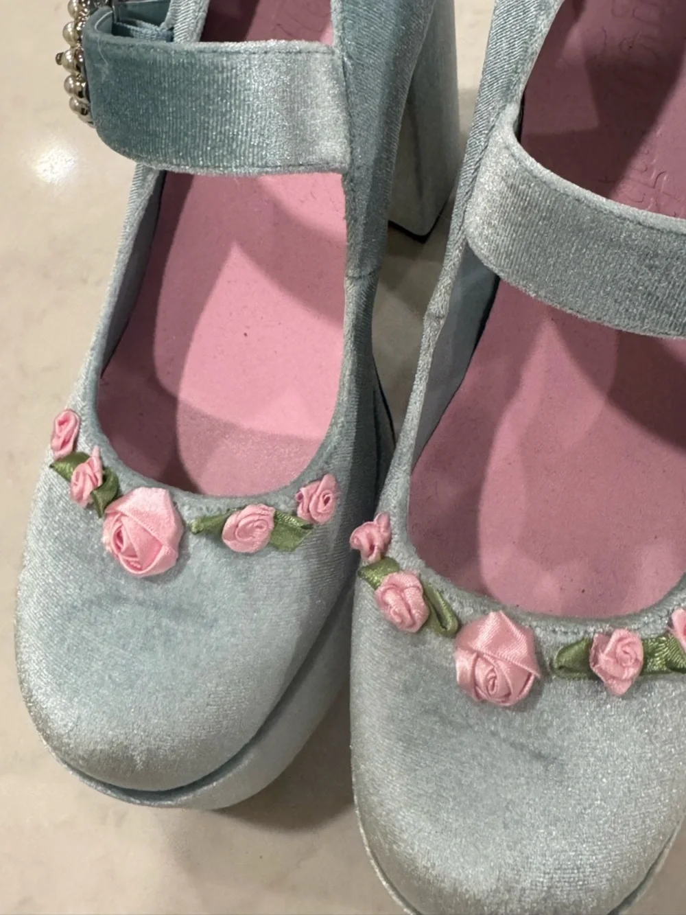 Platform heels, faux velvet, size 10, light blue - Picture 3 of 16